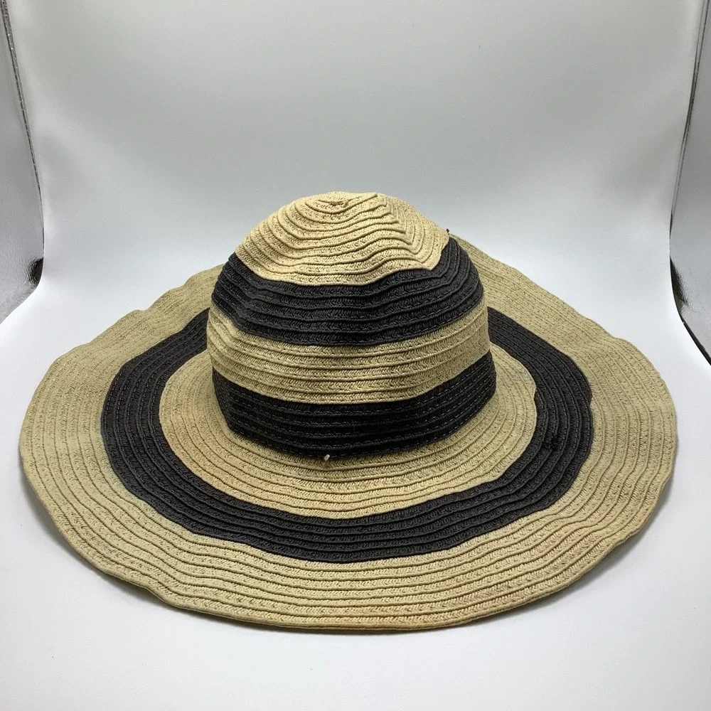 Panama Jack Womans Straw Sun Hat Tan‎ Black Beach Hat Wide Brim